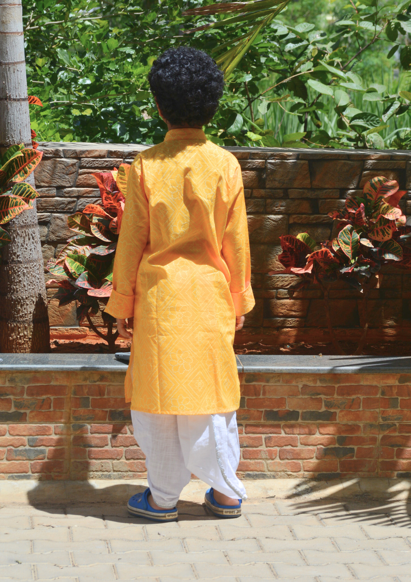 Yellow Bandhani Printed Cotton Kurta With White Dhoti - Set of 2