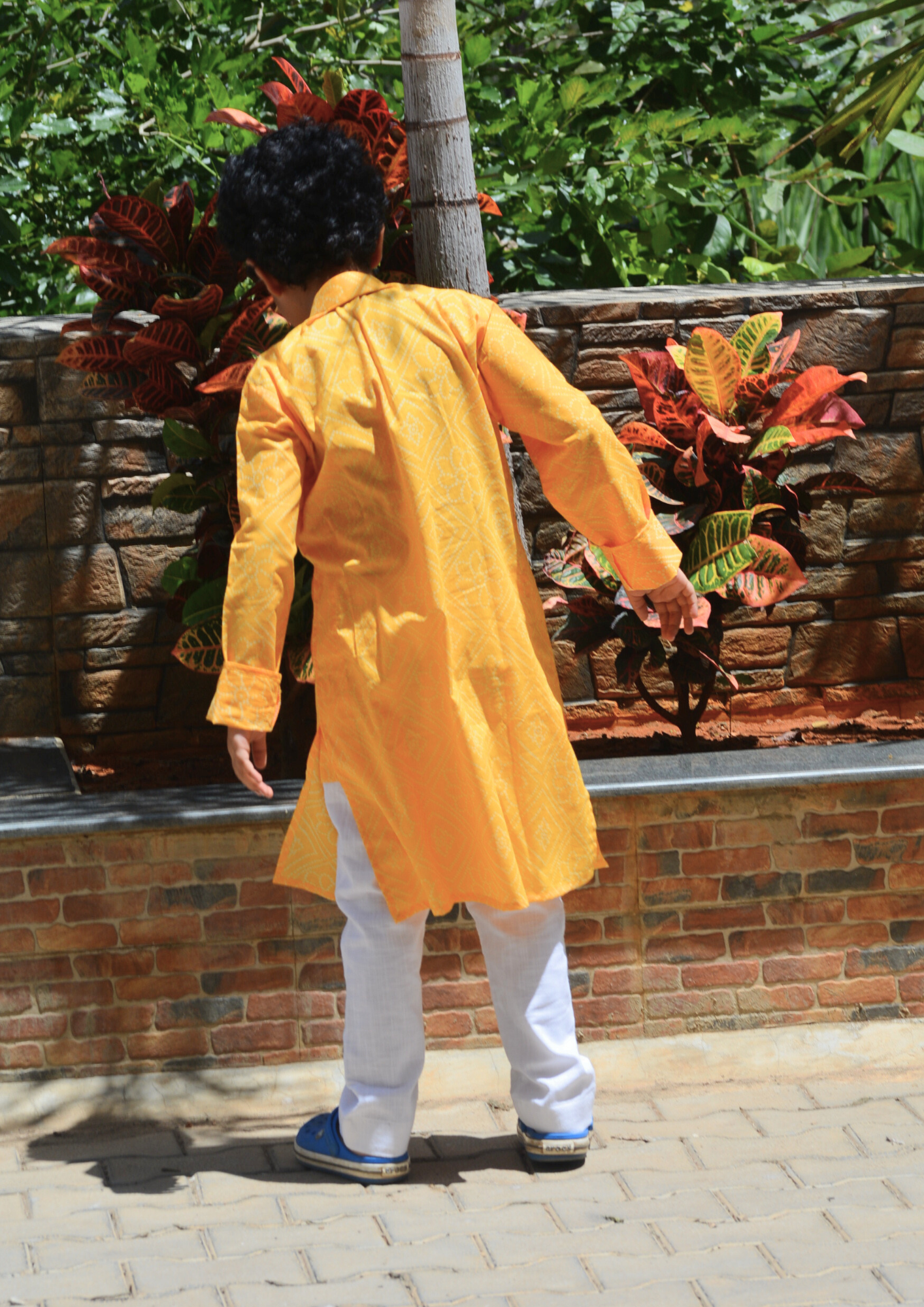 Yellow Bandhani Printed Cotton Kurta With White Pajama - Set of 2