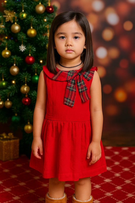 Girls Cotton Dress With Checkered Collar