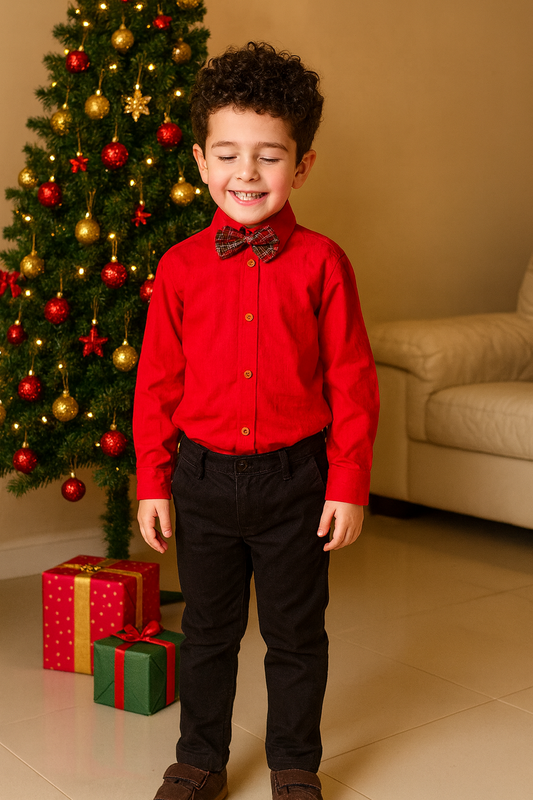 Boys Cotton Shirt With Checkered Bow-tie