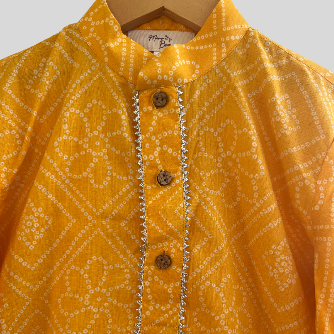 Yellow Bandhani Printed Cotton Kurta With White Dhoti - Set of 2