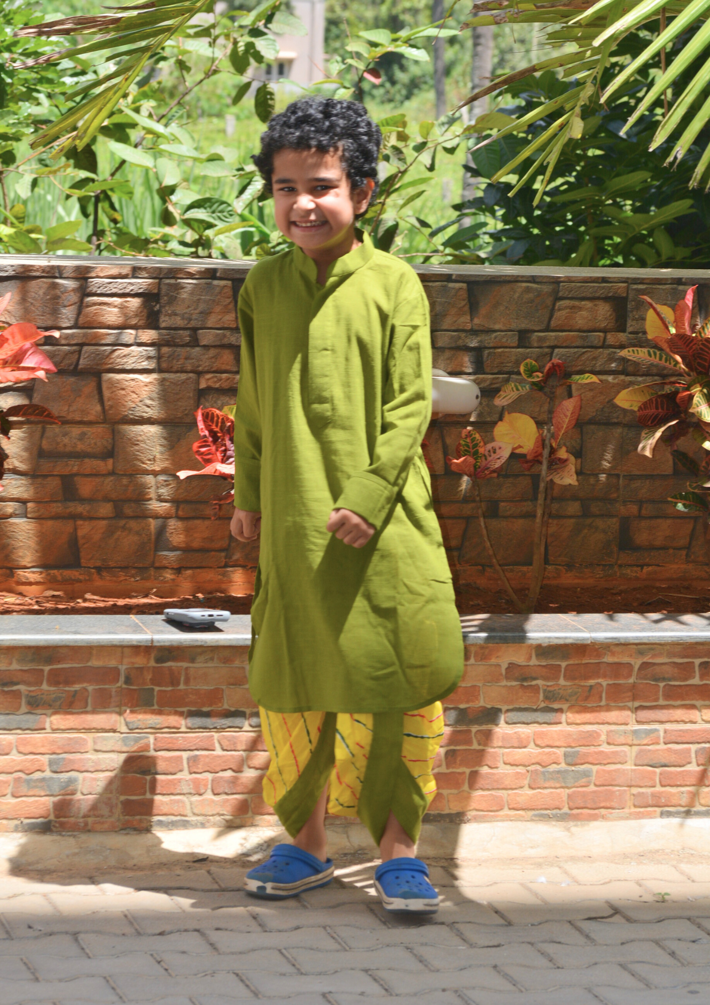 Green Solid Cotton Kurta With Yellow Leheriya Dhoti - Set of 2