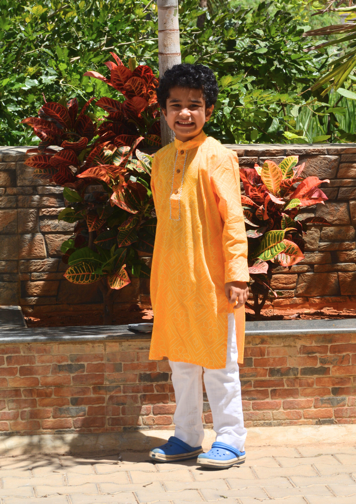 Yellow Bandhani Printed Cotton Kurta With White Pajama - Set of 2