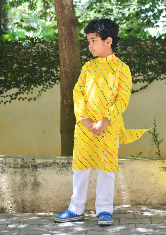 Yellow Leheriya Printed Cotton Kurta With White Pants - Set of 2