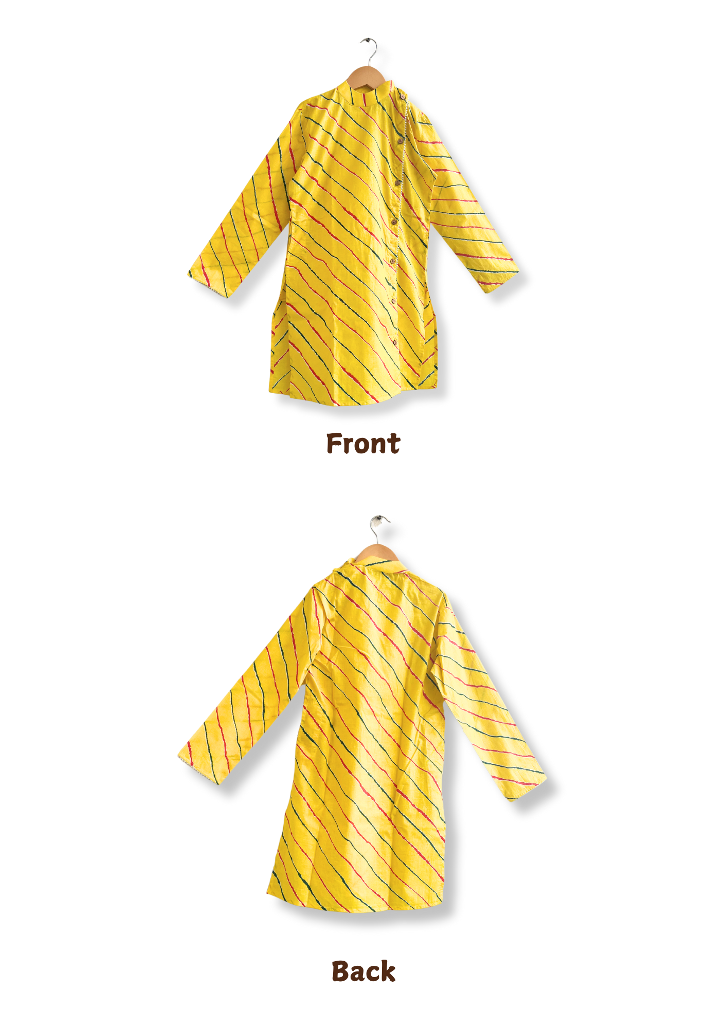 Yellow Leheriya Printed Cotton Kurta With White Dhoti - Set of 2