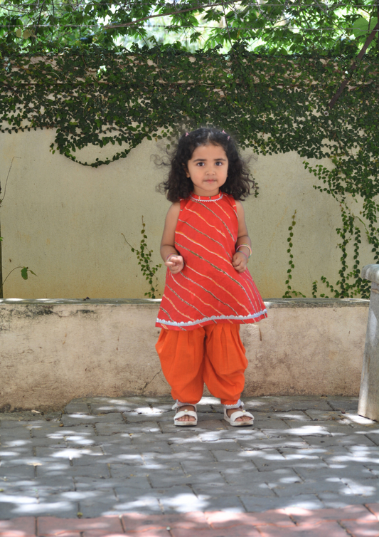 Red Leheriya Printed Cotton Kurti With Orange Tulip Pants - Set of 2