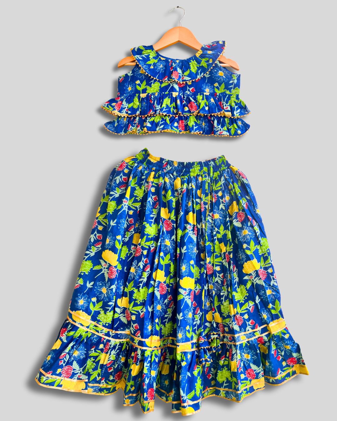 Royal Blue Cotton Floral Lehenga Set With Head Scarf