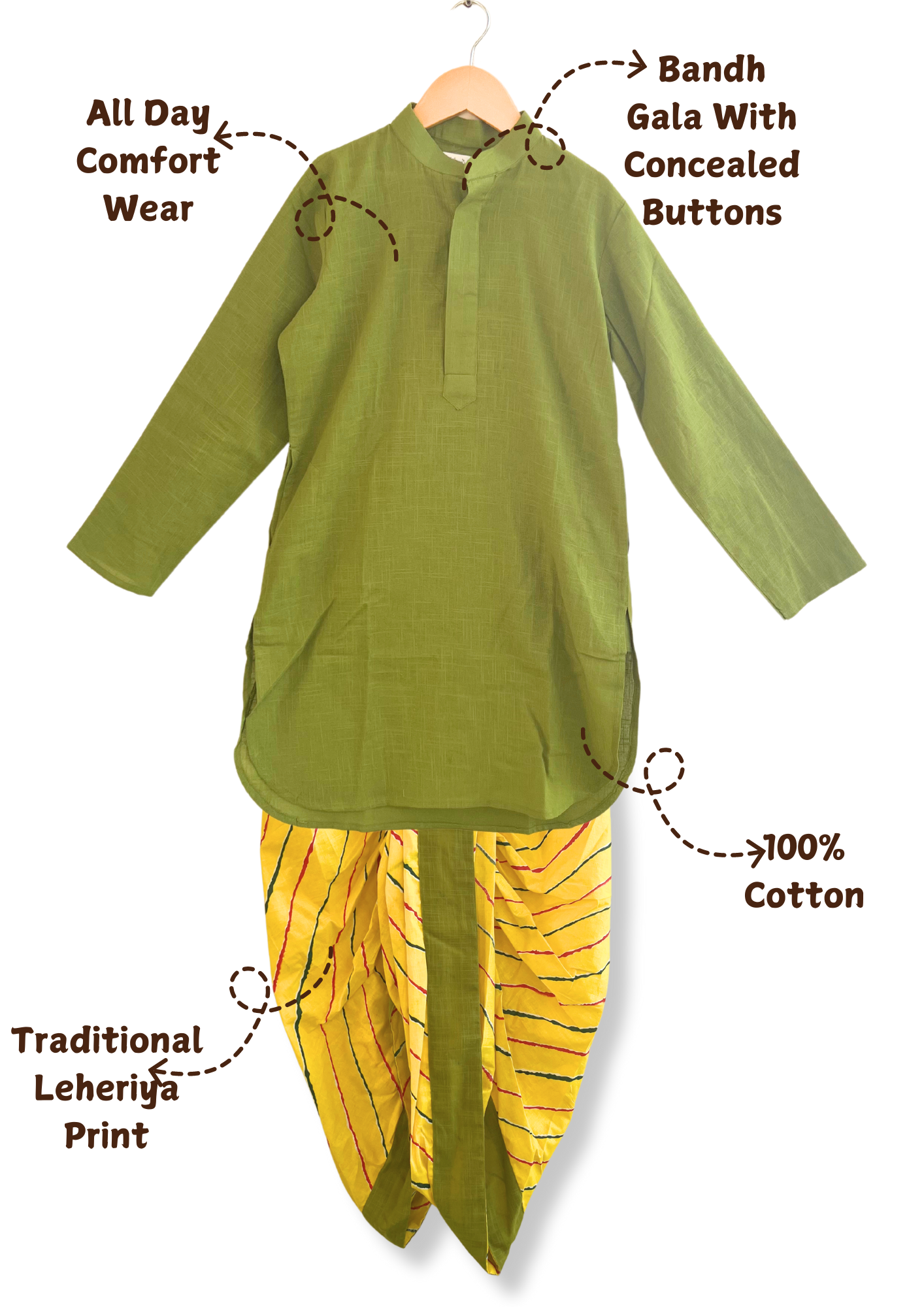 Green Solid Cotton Kurta With Yellow Leheriya Dhoti - Set of 2