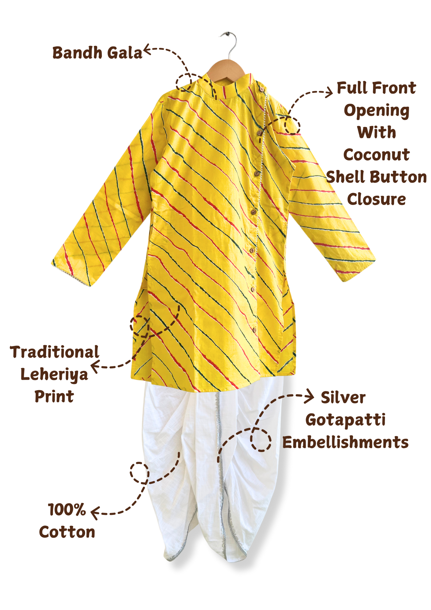 Yellow Leheriya Printed Cotton Kurta With White Dhoti - Set of 2