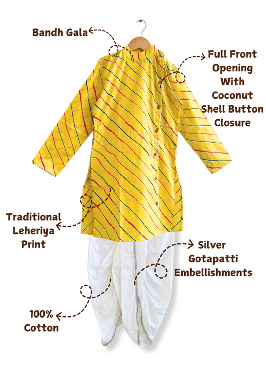 Yellow Leheriya Printed Cotton Kurta With White Dhoti - Set of 2