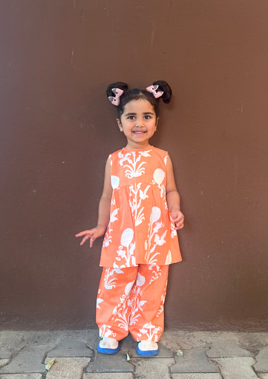 Girls Peach Printed Coord Set