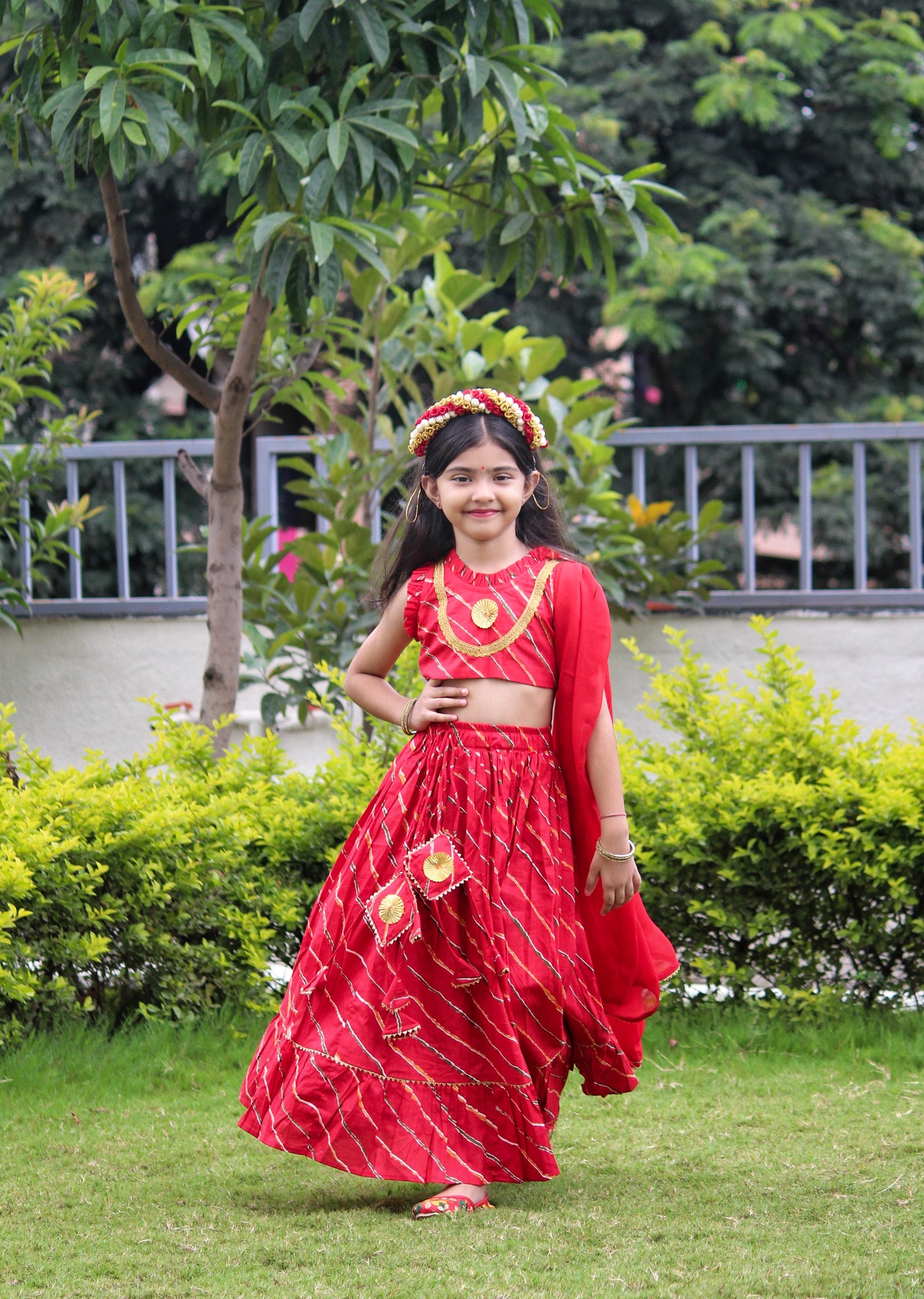 Red Leheriya Printed Cotton Lehenga Set - Set Of 3