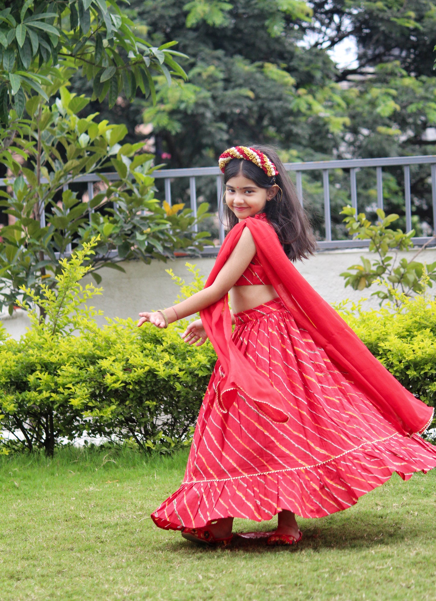 Red Leheriya Printed Cotton Lehenga Set - Set Of 3