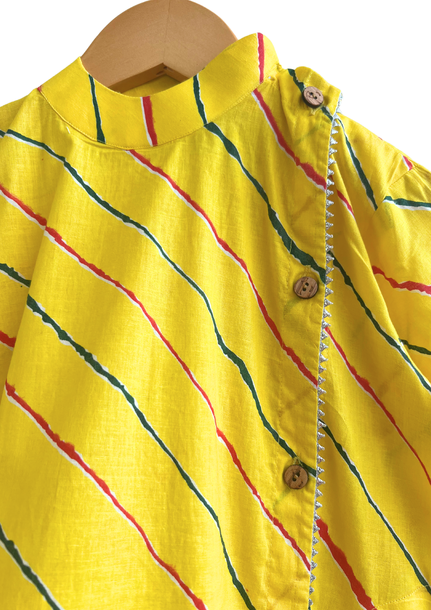 Yellow Leheriya Printed Cotton Kurta With White Dhoti - Set of 2