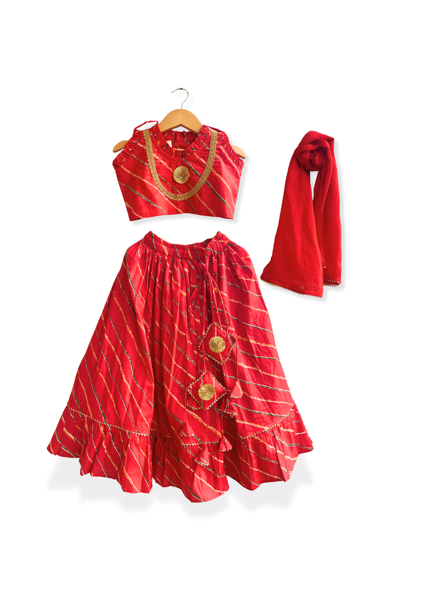 Red Leheriya Printed Cotton Lehenga Set - Set Of 3