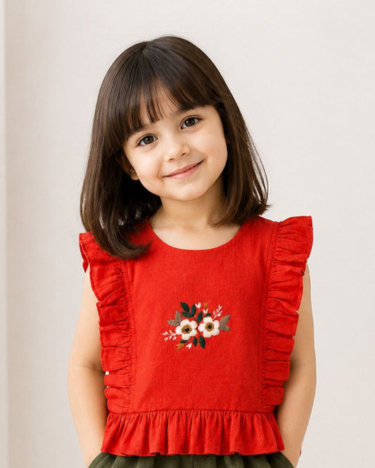 Girls Orange Floral Embroidered Ruffled Top