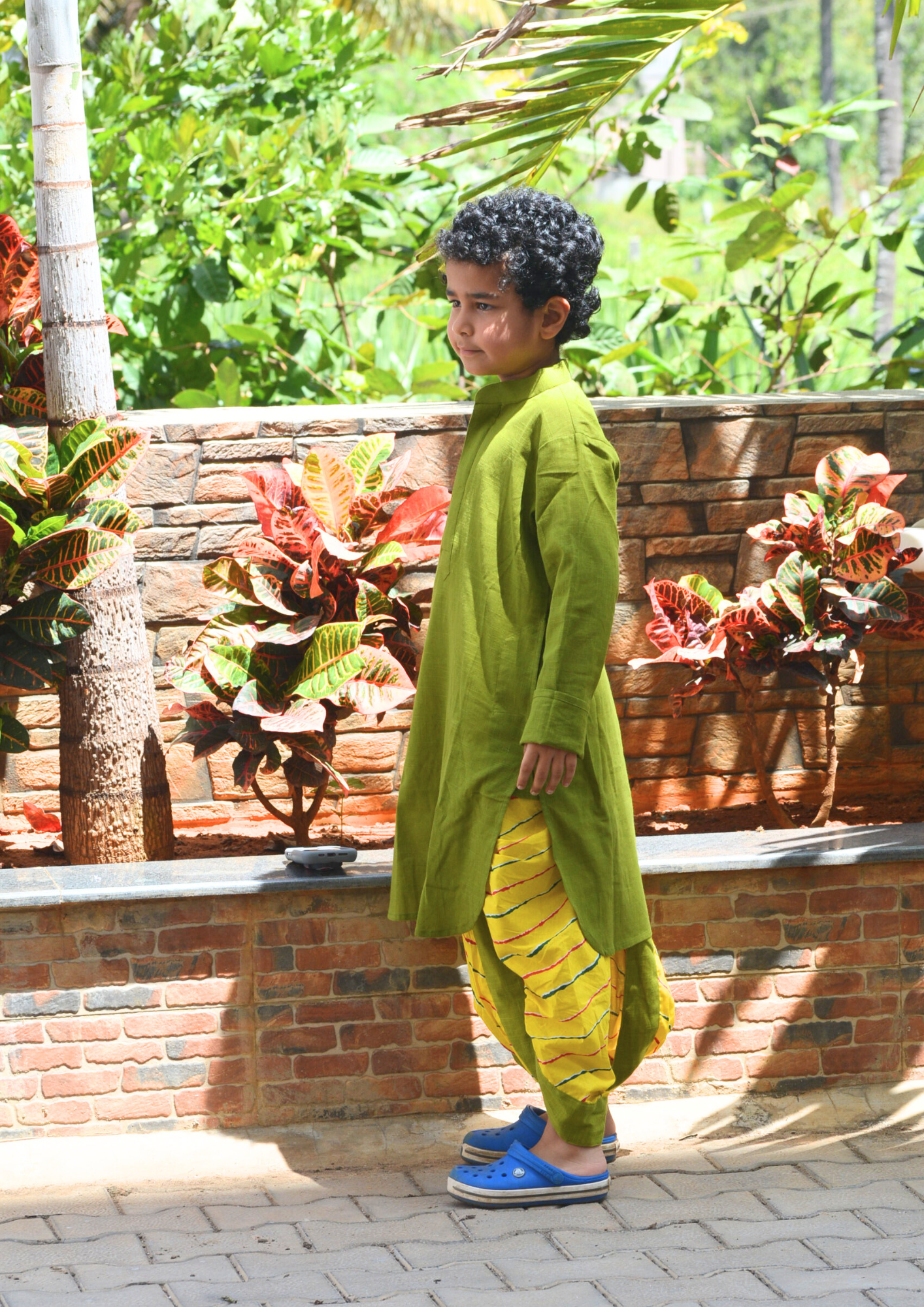 Green Solid Cotton Kurta With Yellow Leheriya Dhoti - Set of 2