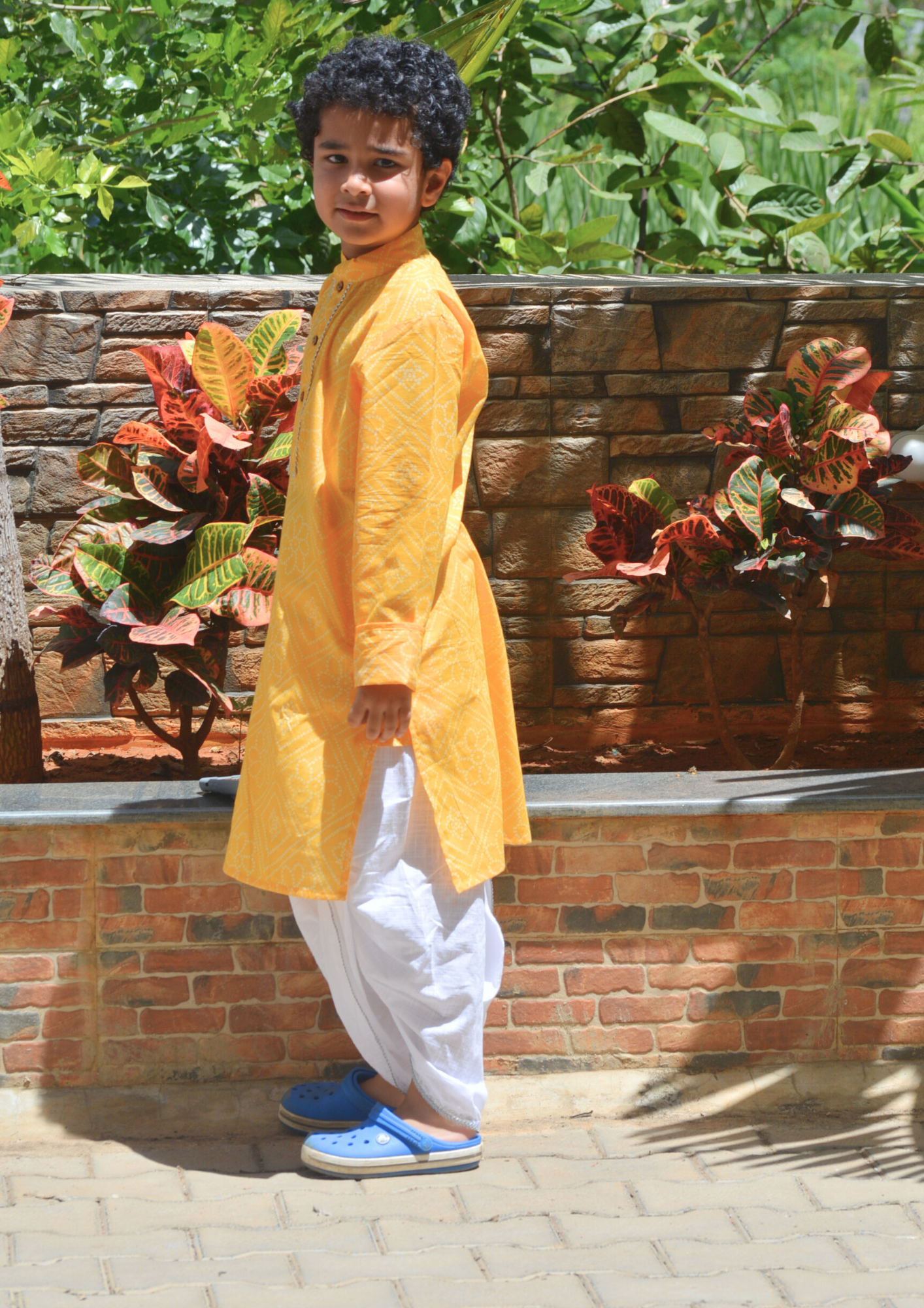 Yellow Bandhani Printed Cotton Kurta With White Dhoti - Set of 2