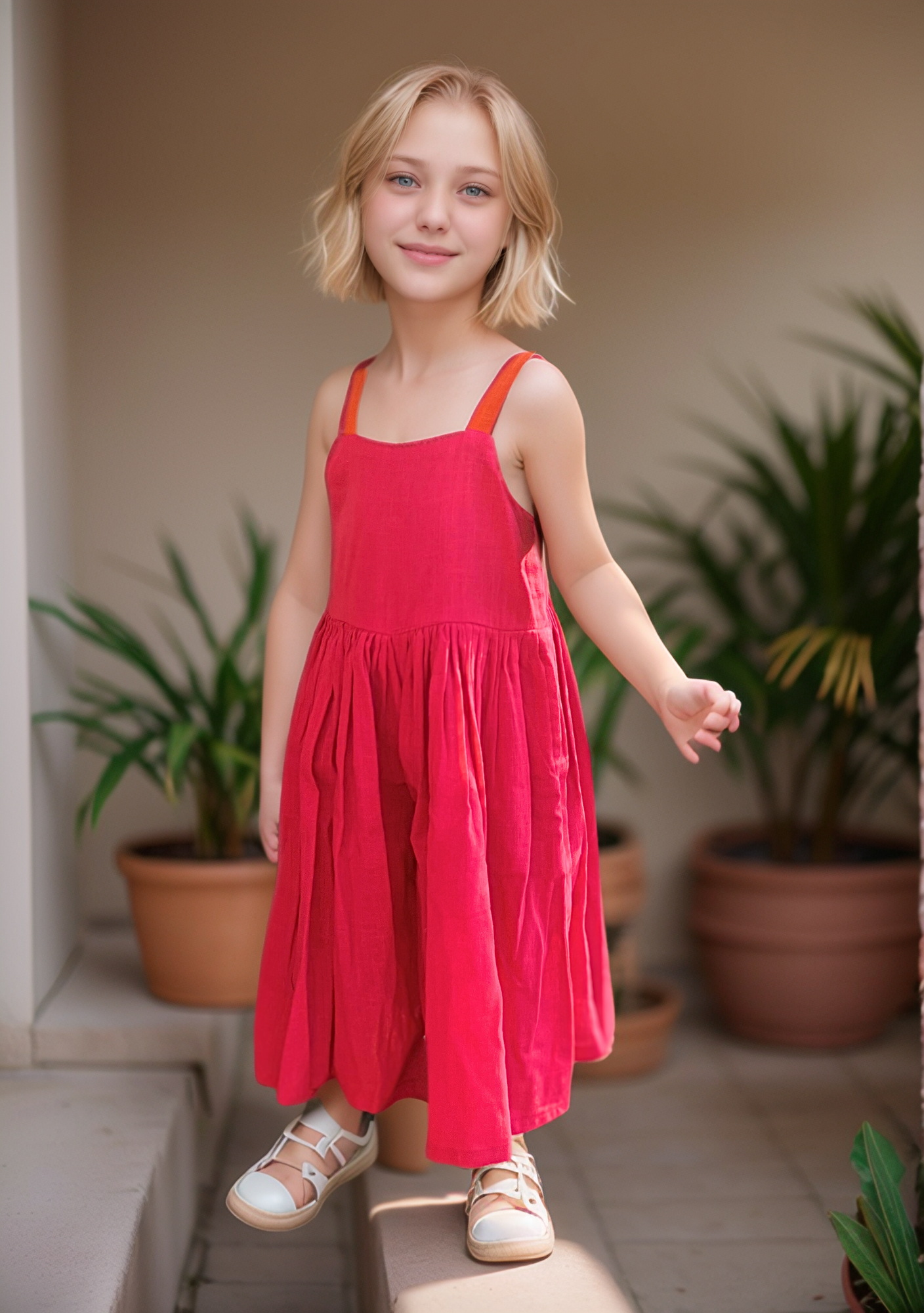 Girls Magenta Cotton Jumpsuit