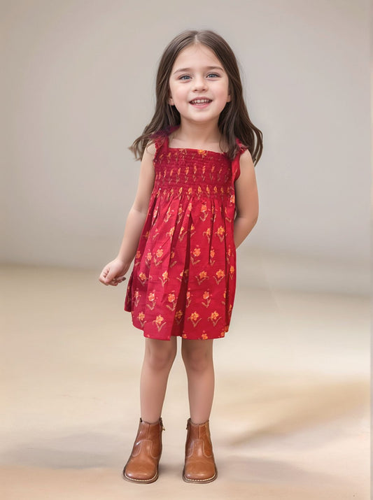 Girls Maroon Printed Smocked Dress