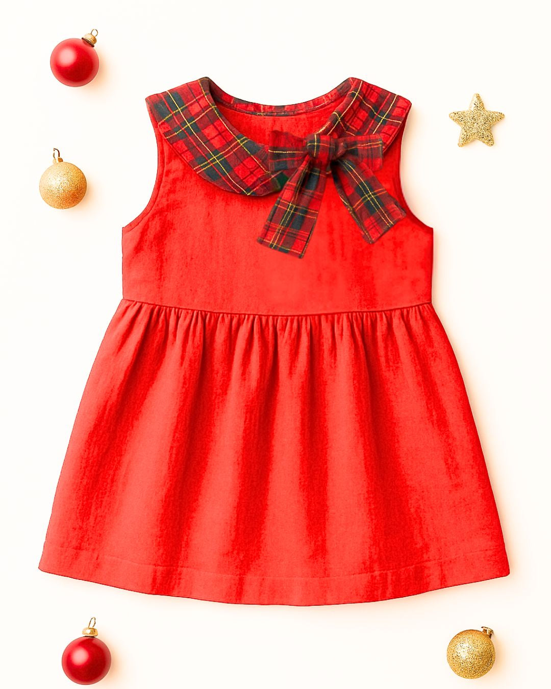 Girls Cotton Dress With Checkered Collar