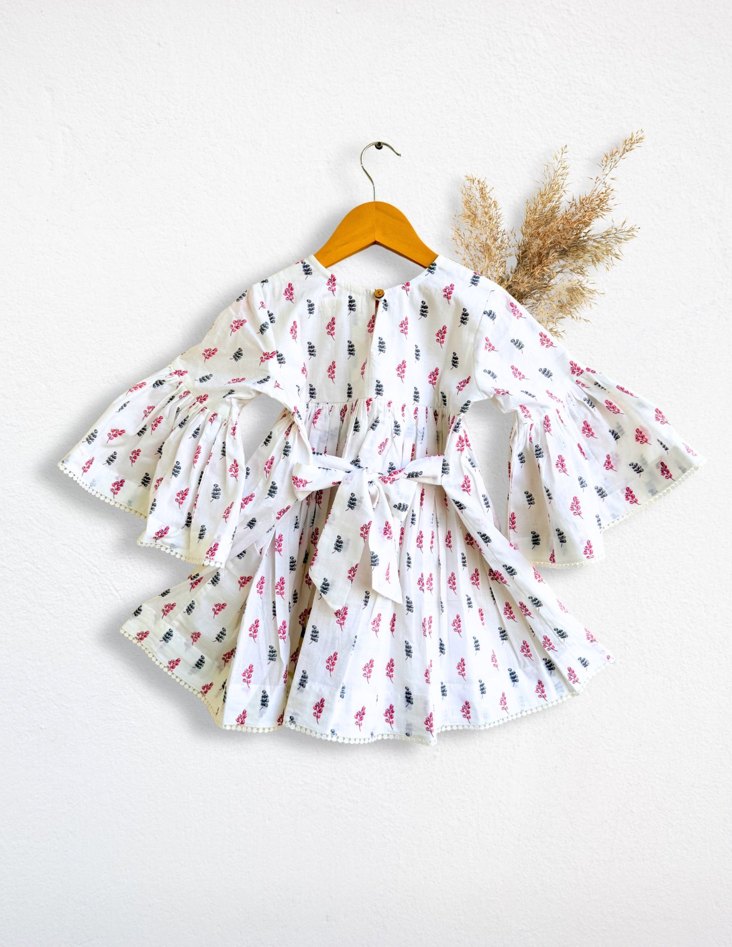 Girls White BluePink Flared Sleeves Dress