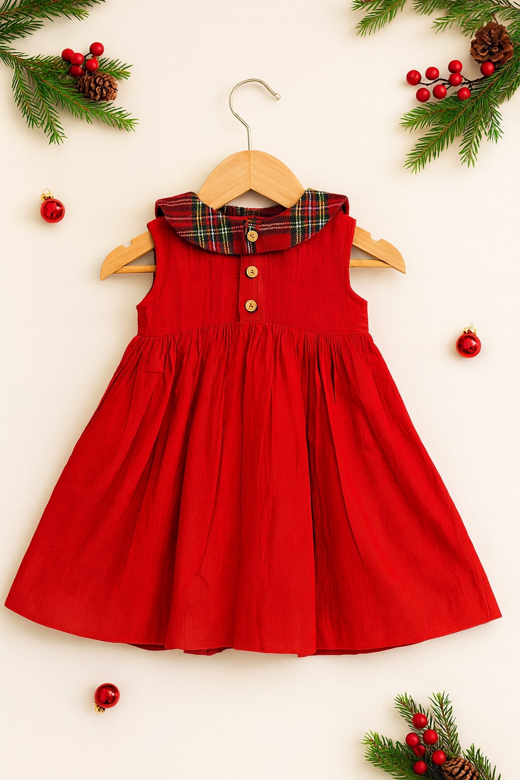 Girls Cotton Dress With Checkered Collar