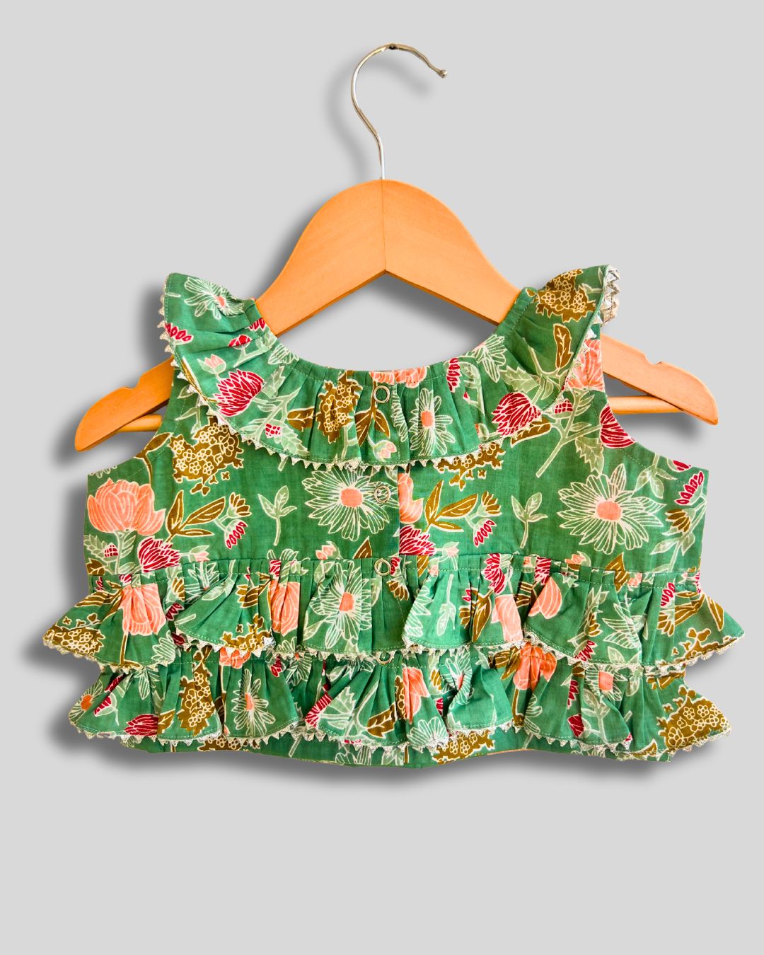 Minty Cotton Floral Lehenga Set With Head Scarf