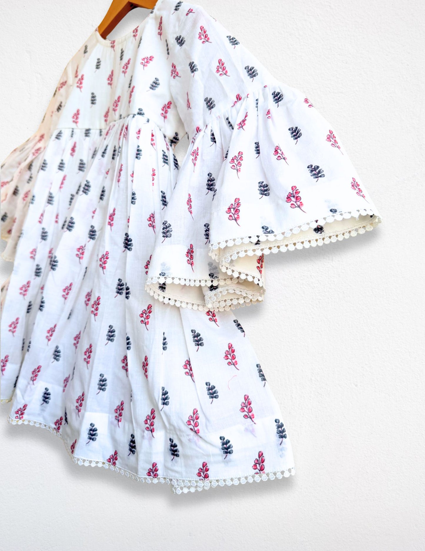 Girls White BluePink Flared Sleeves Dress