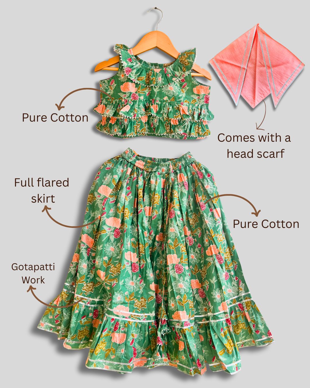Minty Cotton Floral Lehenga Set With Head Scarf