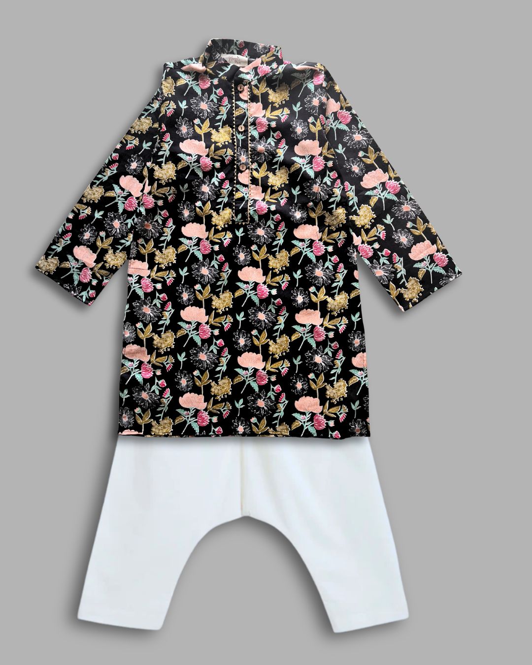 Boys Floral Kurta Pajama Set - Black