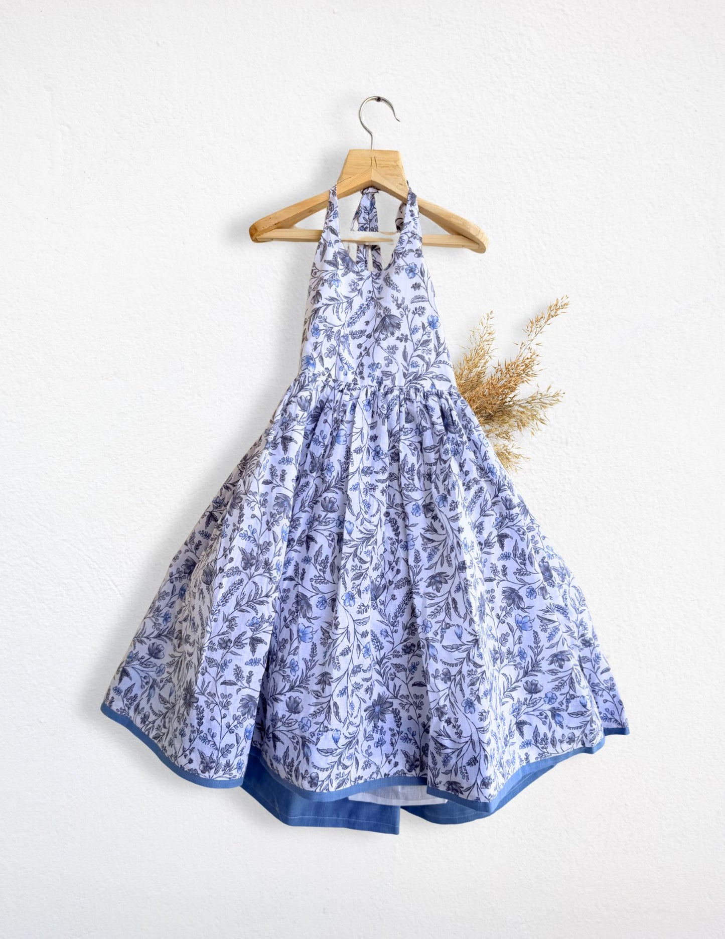 Girls blue floral backless midi dress