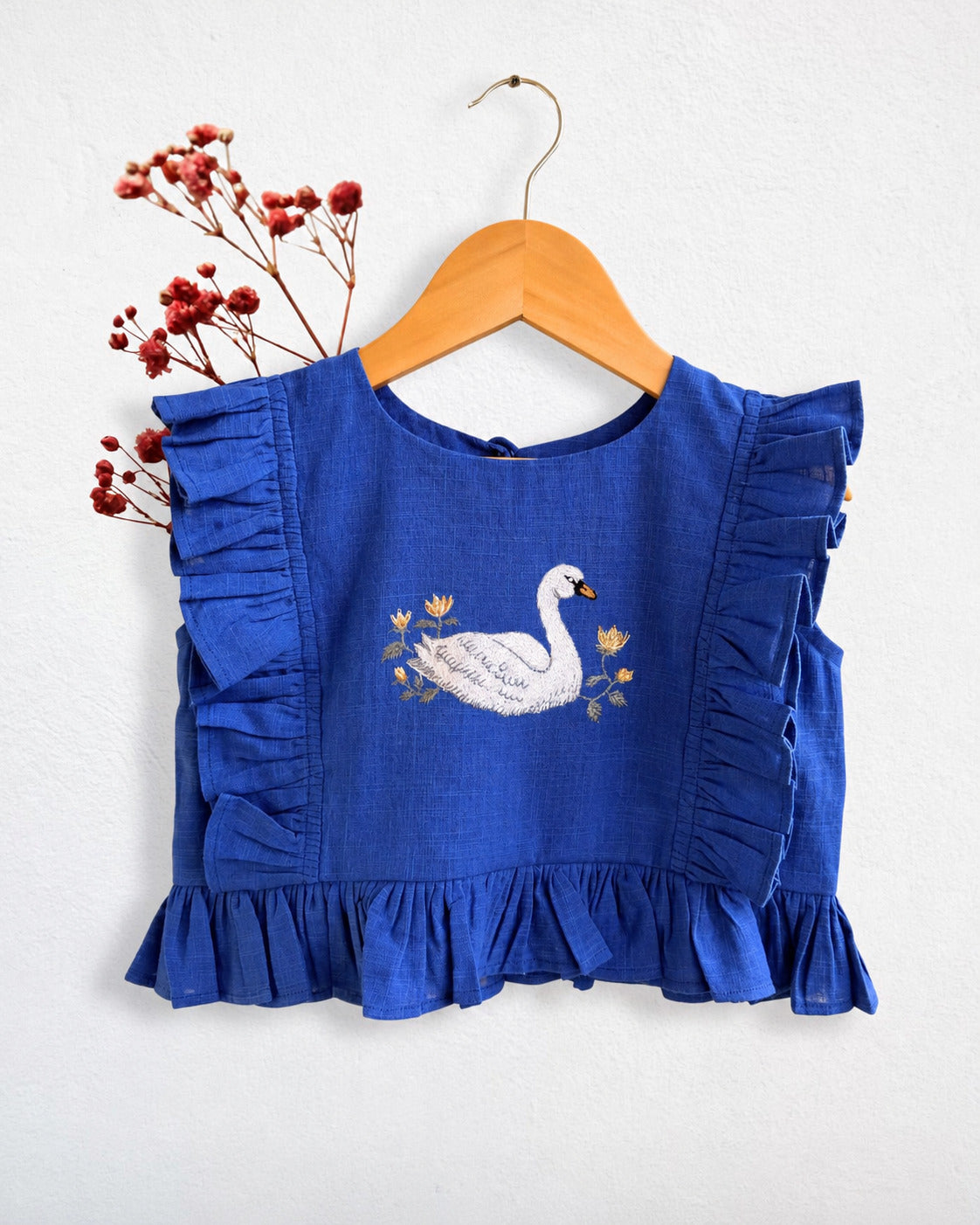 Girls Navy Swan Embroidered Ruffled Top