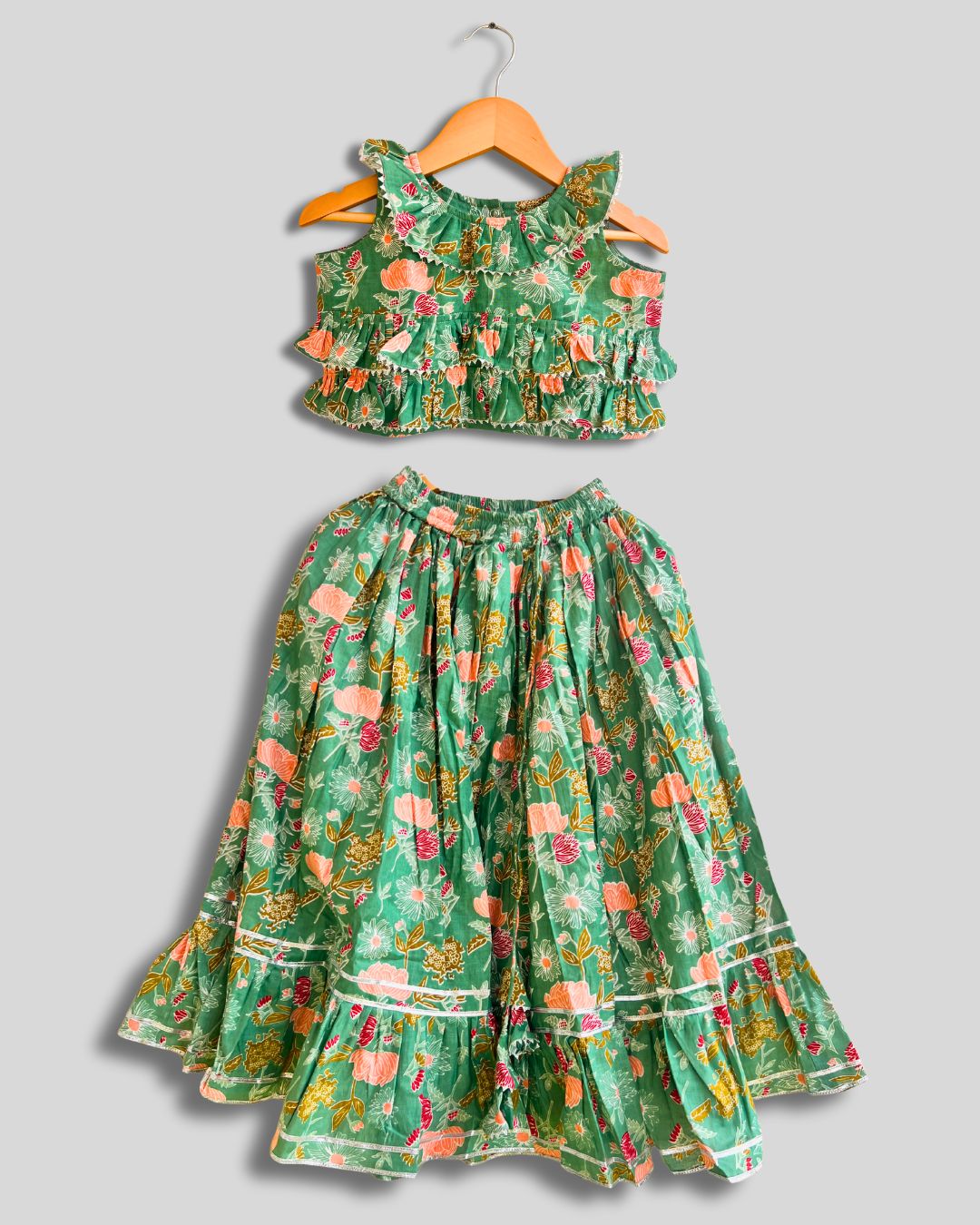 Minty Cotton Floral Lehenga Set With Head Scarf
