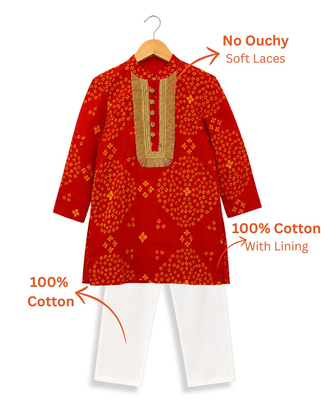 Boys Orange Bandhani Kurta Set