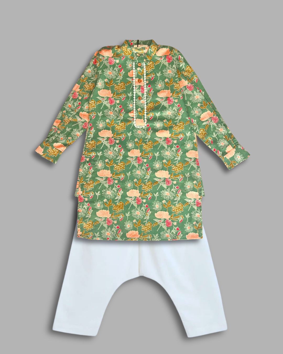 Boys Floral Kurta Pajama Set - Green