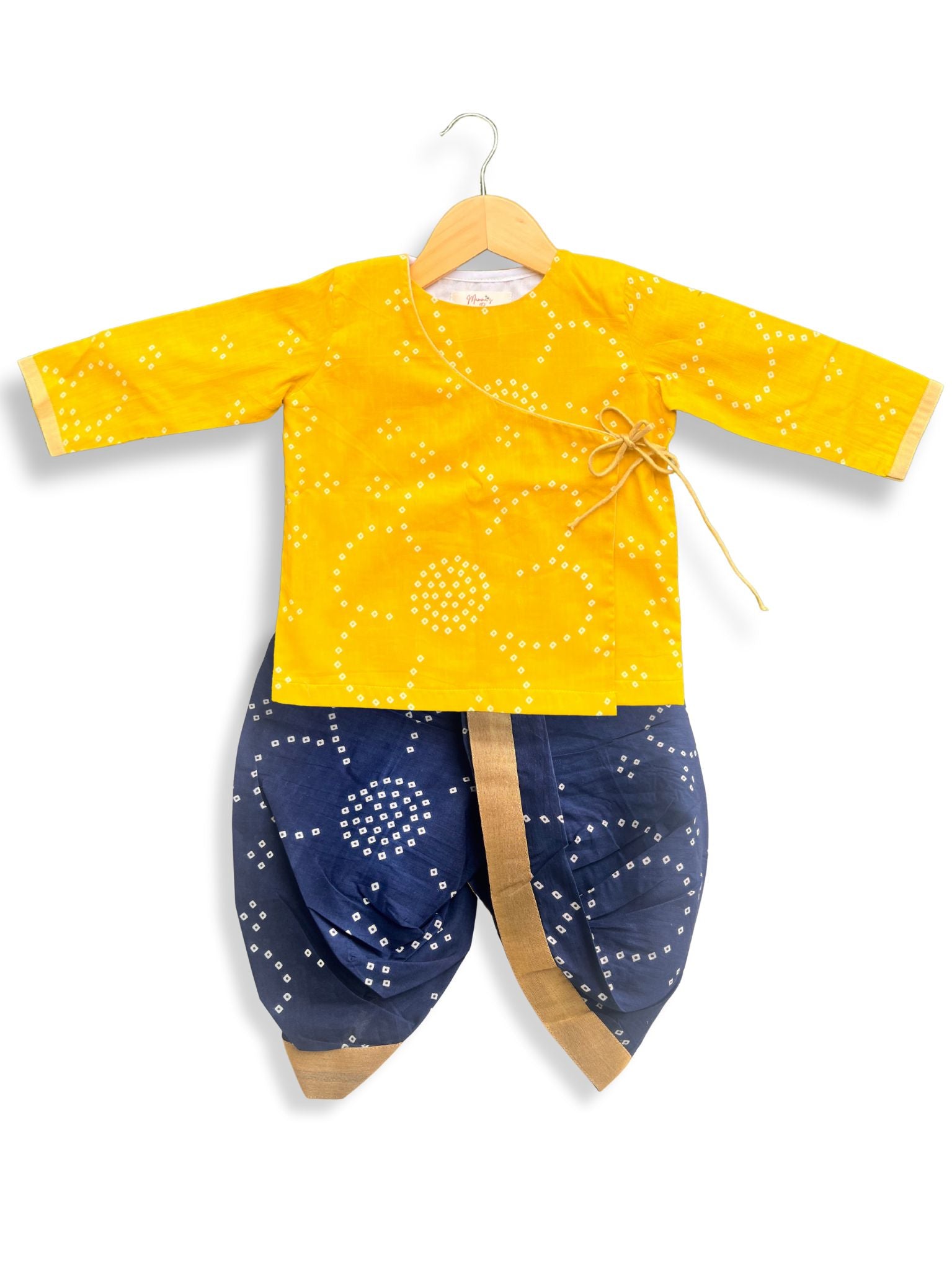 Baby Boy Yellow and Navy Bandhani Dhoti Kurta Set - Main Image