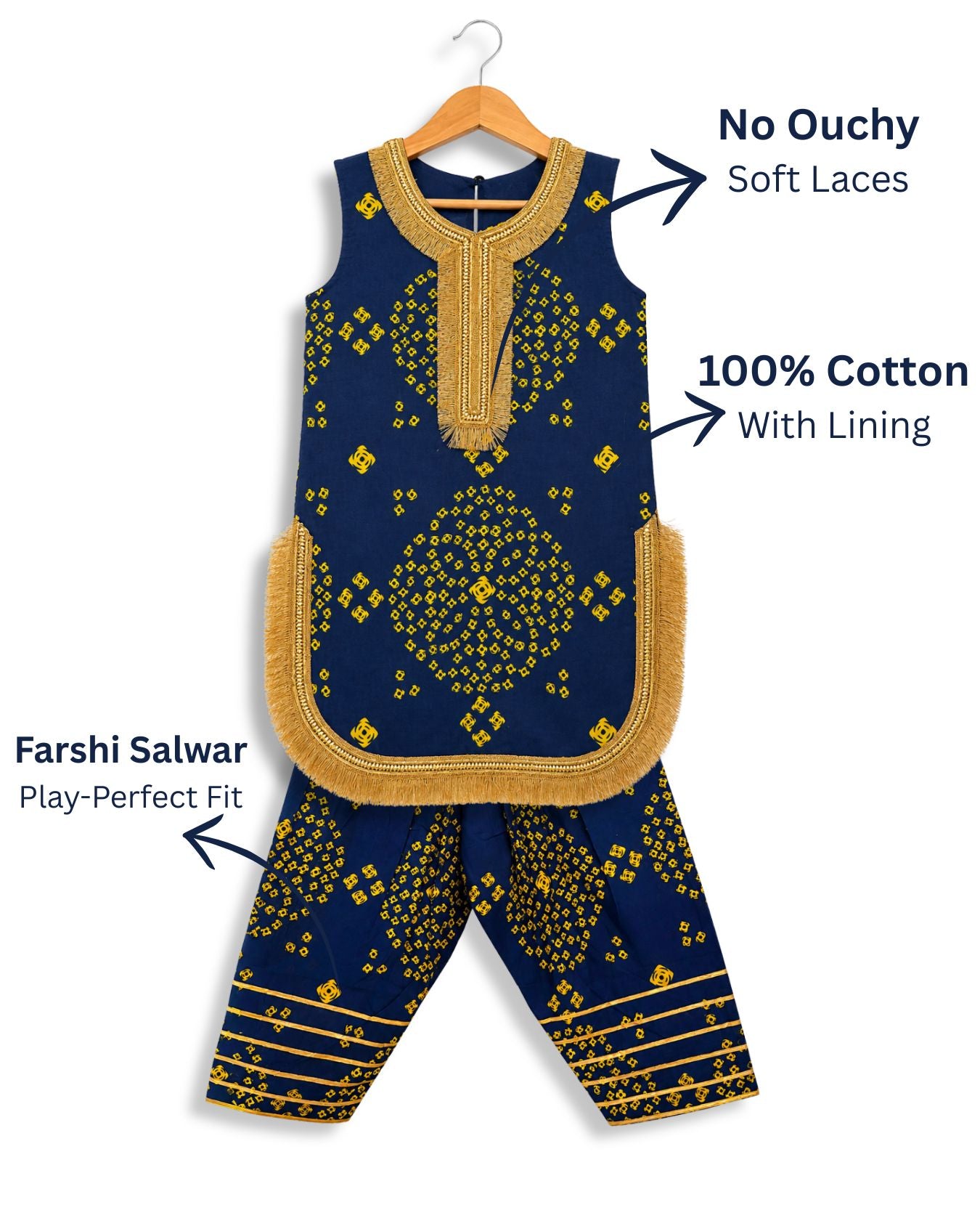 Girls Navy Bandhani Farshi Suit Set