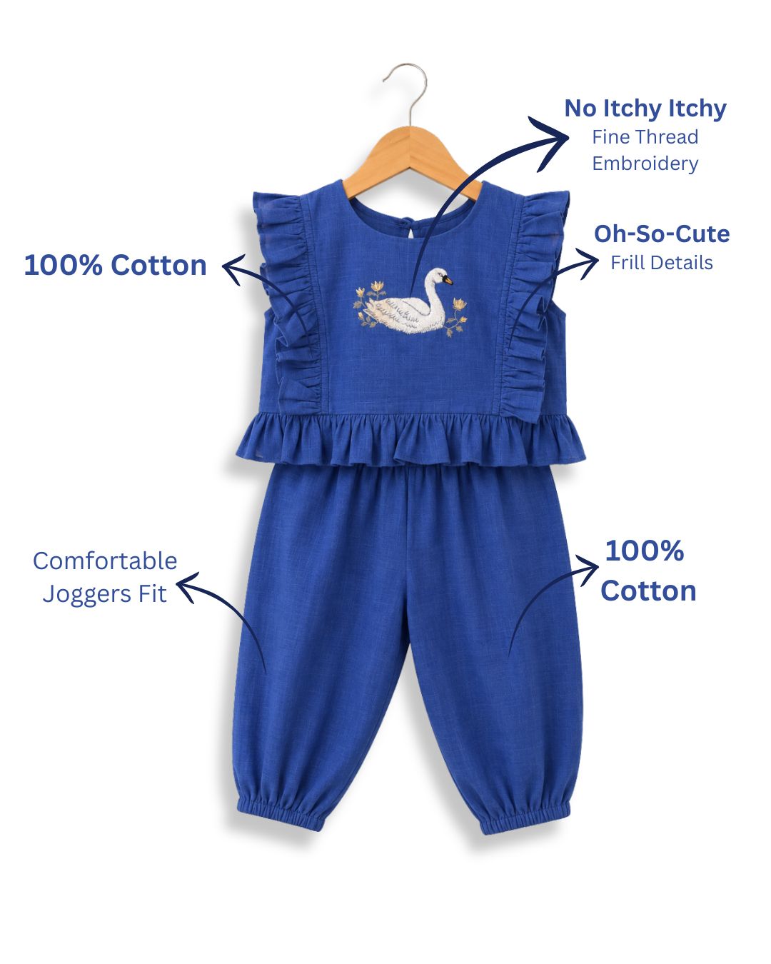 Girls Navy Swan Embroidered Coord Set
