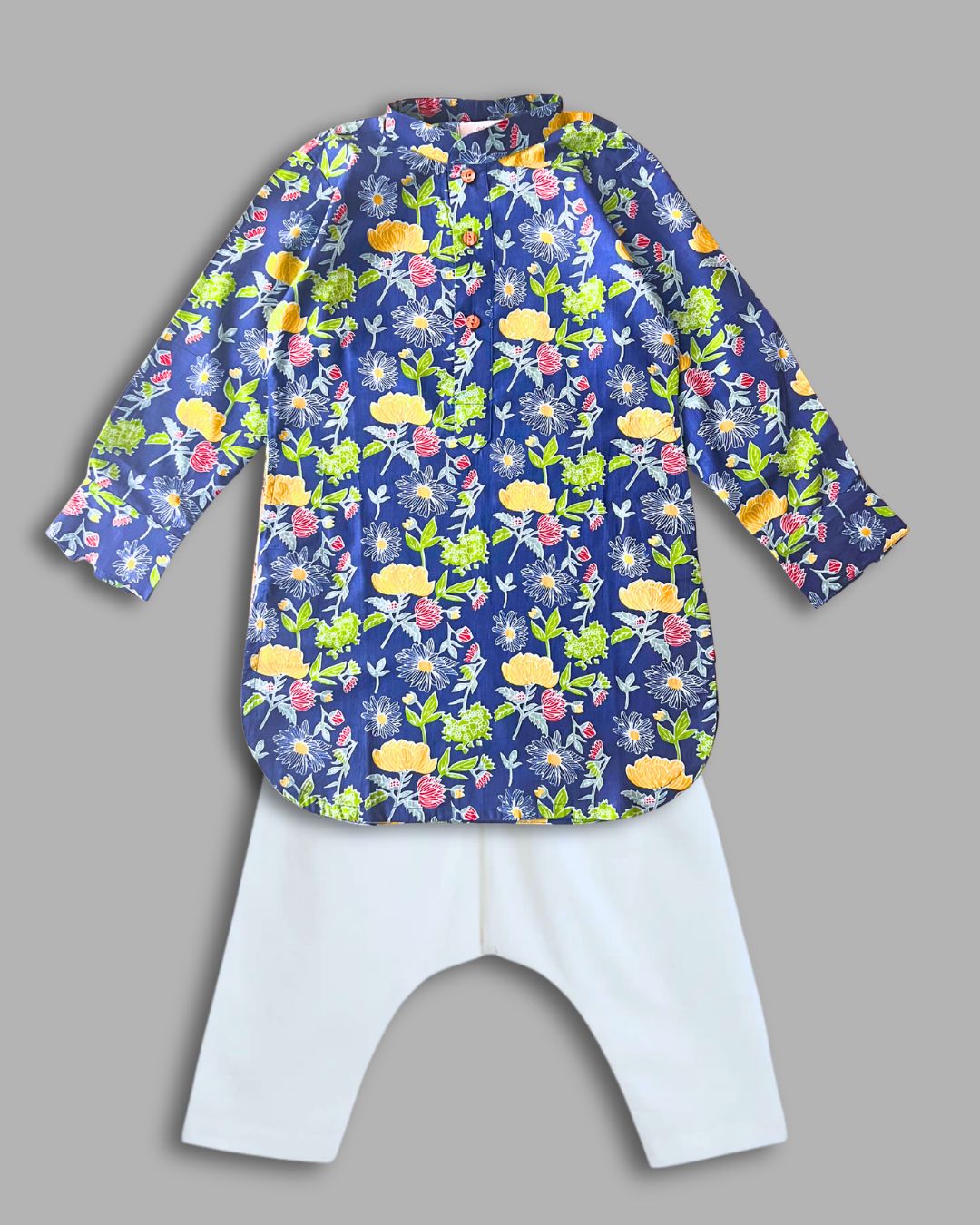 Boys Floral Kurta Pajama Set - Blue