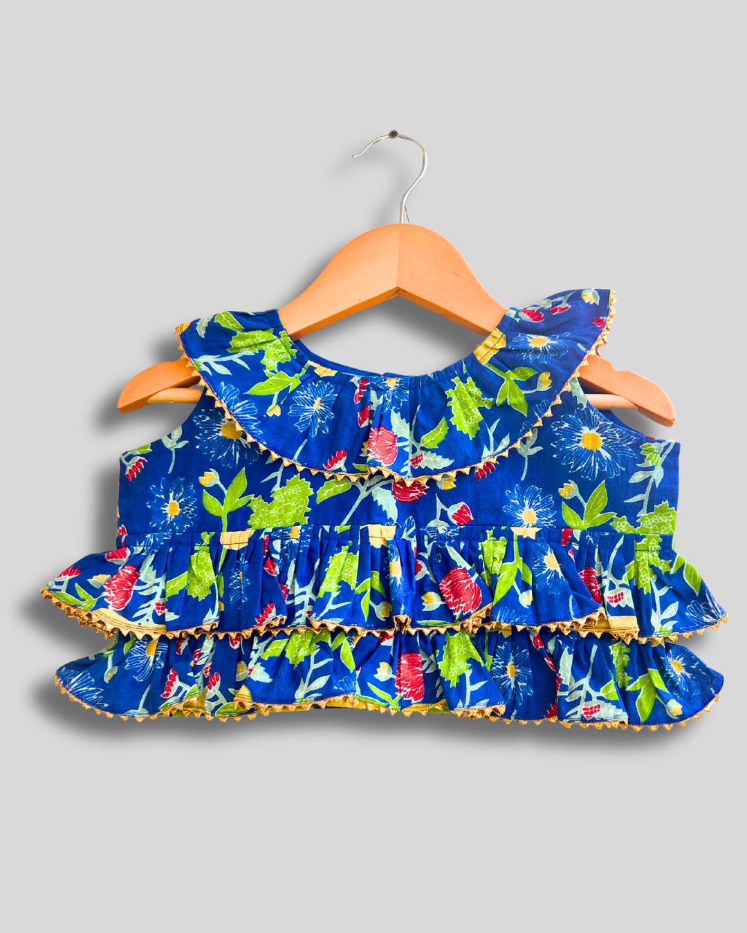 Royal Blue Cotton Floral Lehenga Set With Head Scarf