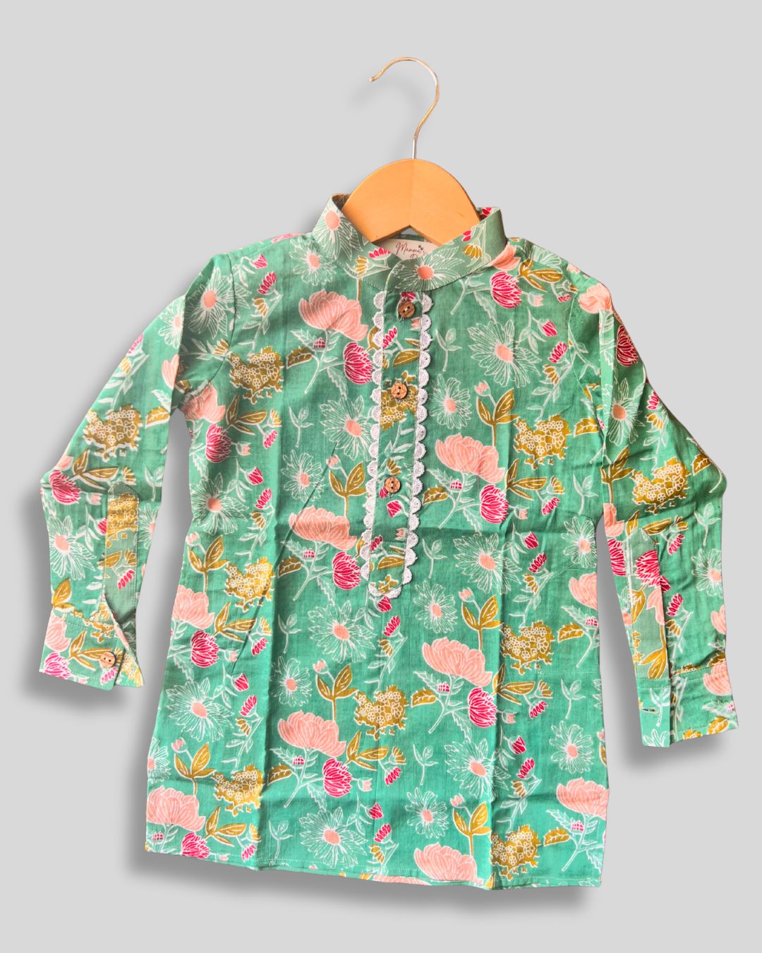 Boys Floral Kurta Pajama Set - Green