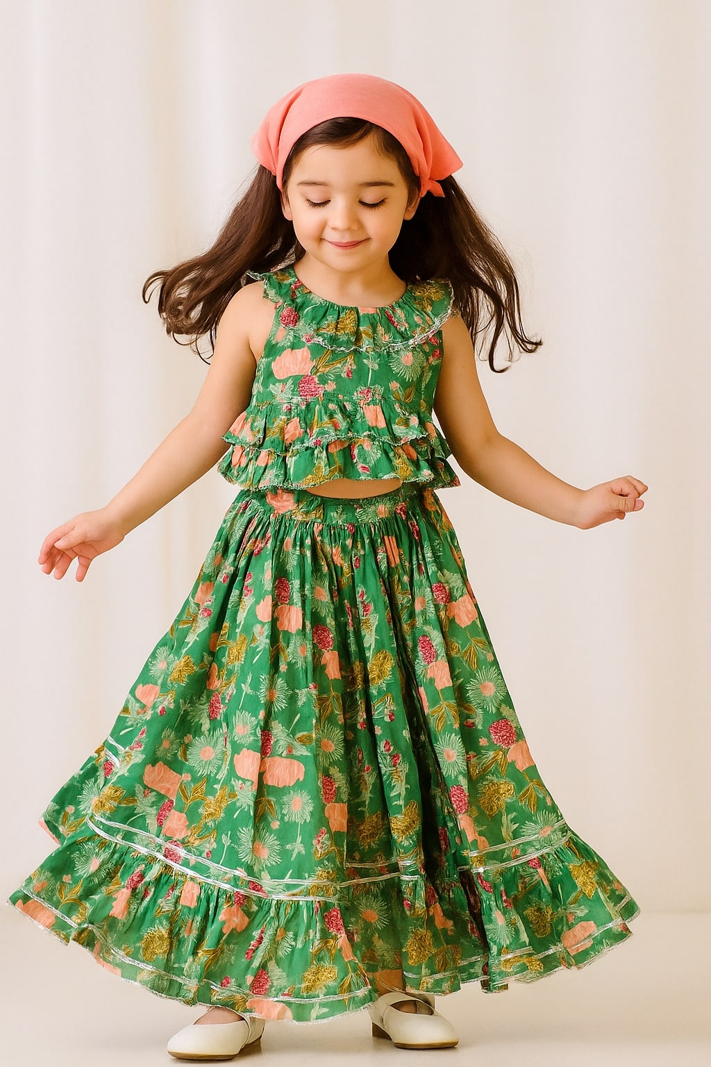 Minty Cotton Floral Lehenga Set With Head Scarf
