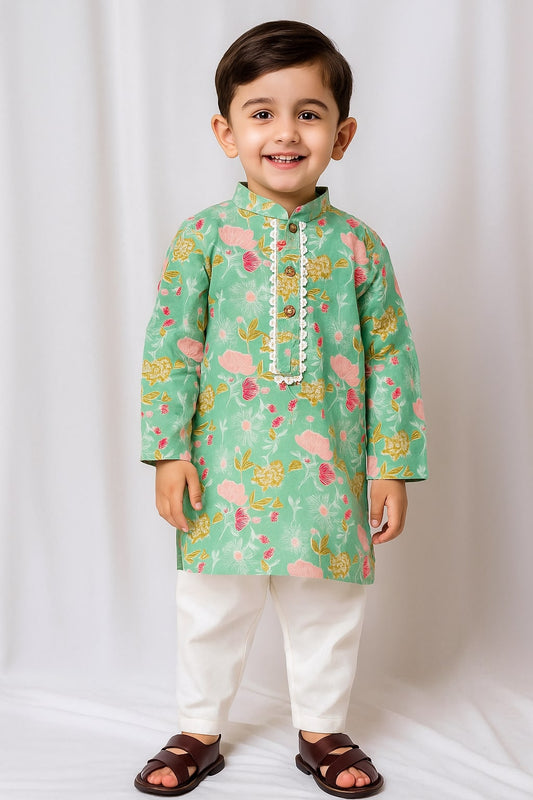 Boys Floral Kurta Pajama Set - Green