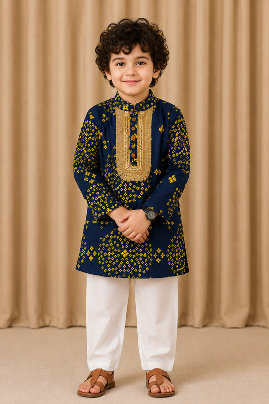 Boys Navy Bandhani Kurta Set