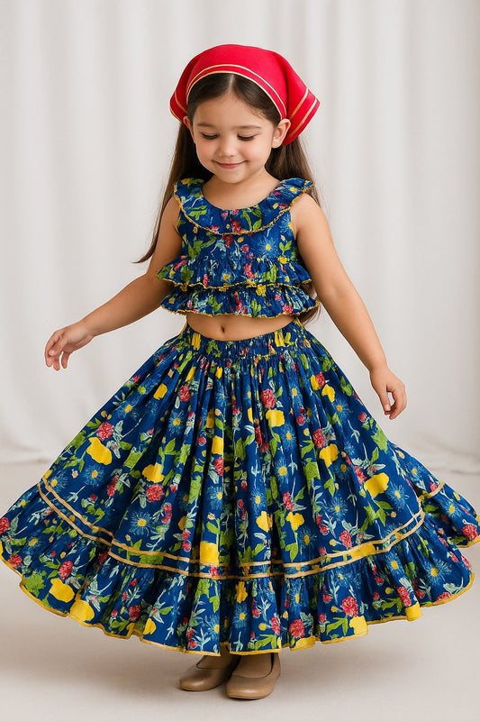 Royal Blue Cotton Floral Lehenga Set With Head Scarf