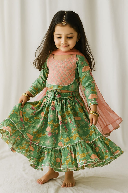 Minty Cotton Floral Lehenga Set With Dupatta