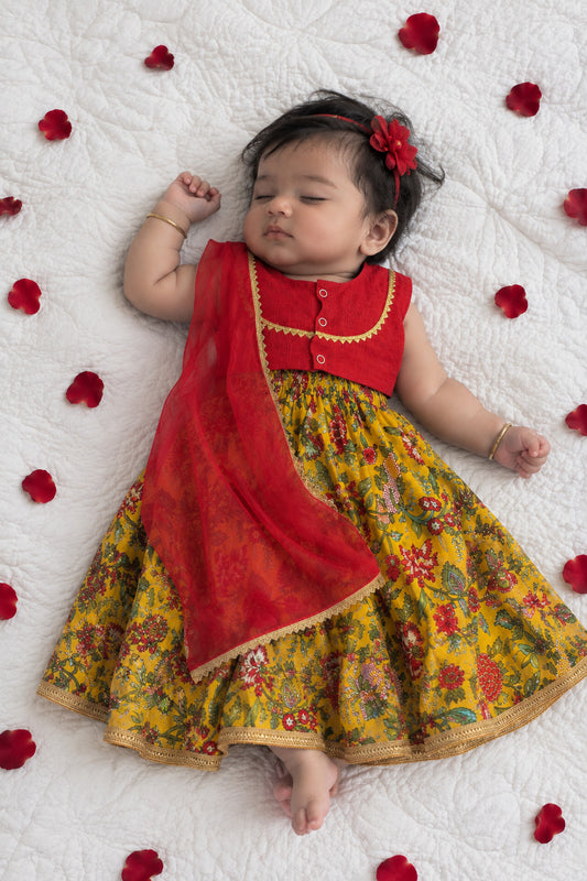 LAAL GULAAL LEHENGA SET - YELLOW AND RED