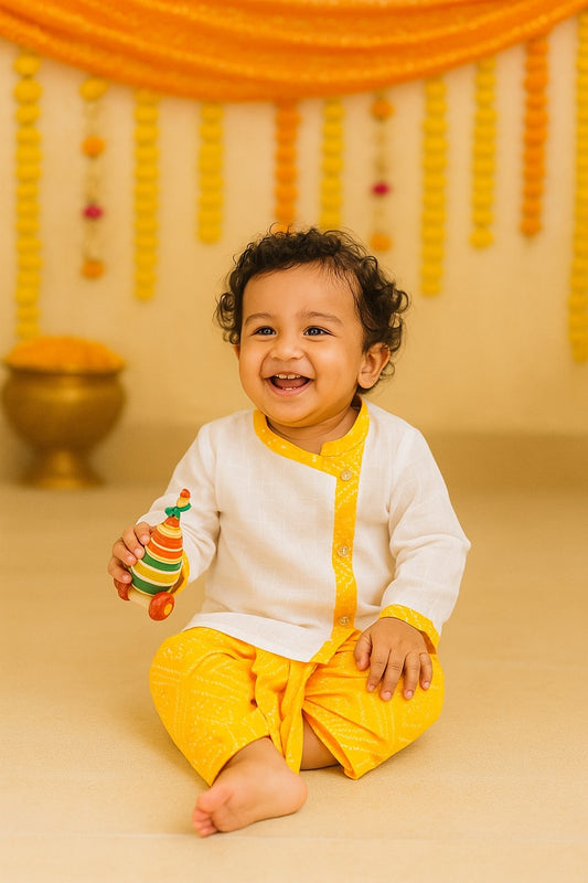 Baby Boy Yellow Bandhani Dhoti Kurta Set