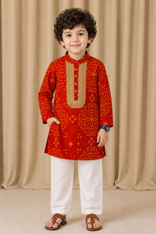 Boys Orange Bandhani Kurta Set